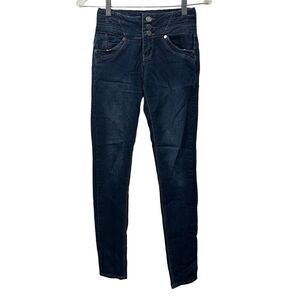D-River Corset Jeans Womens 0 High Rise 3-Button Skinny Zip Accent Dark Wash Y2K